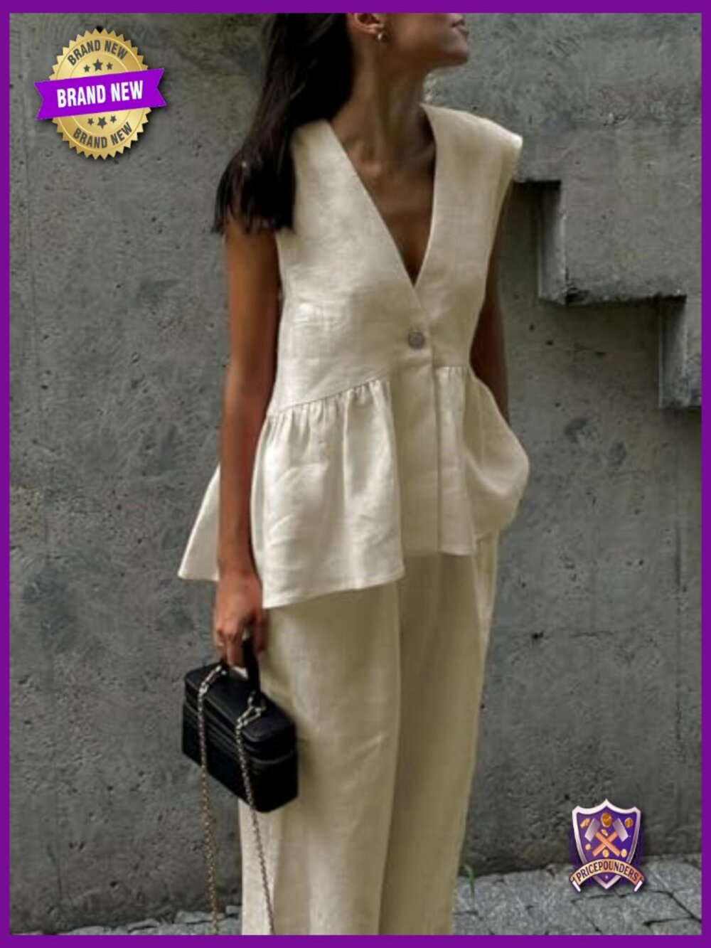 Sleeveless V Neck Peplum Top & Wide Leg Pant Set, Lounge Set - Picture 2 of 7